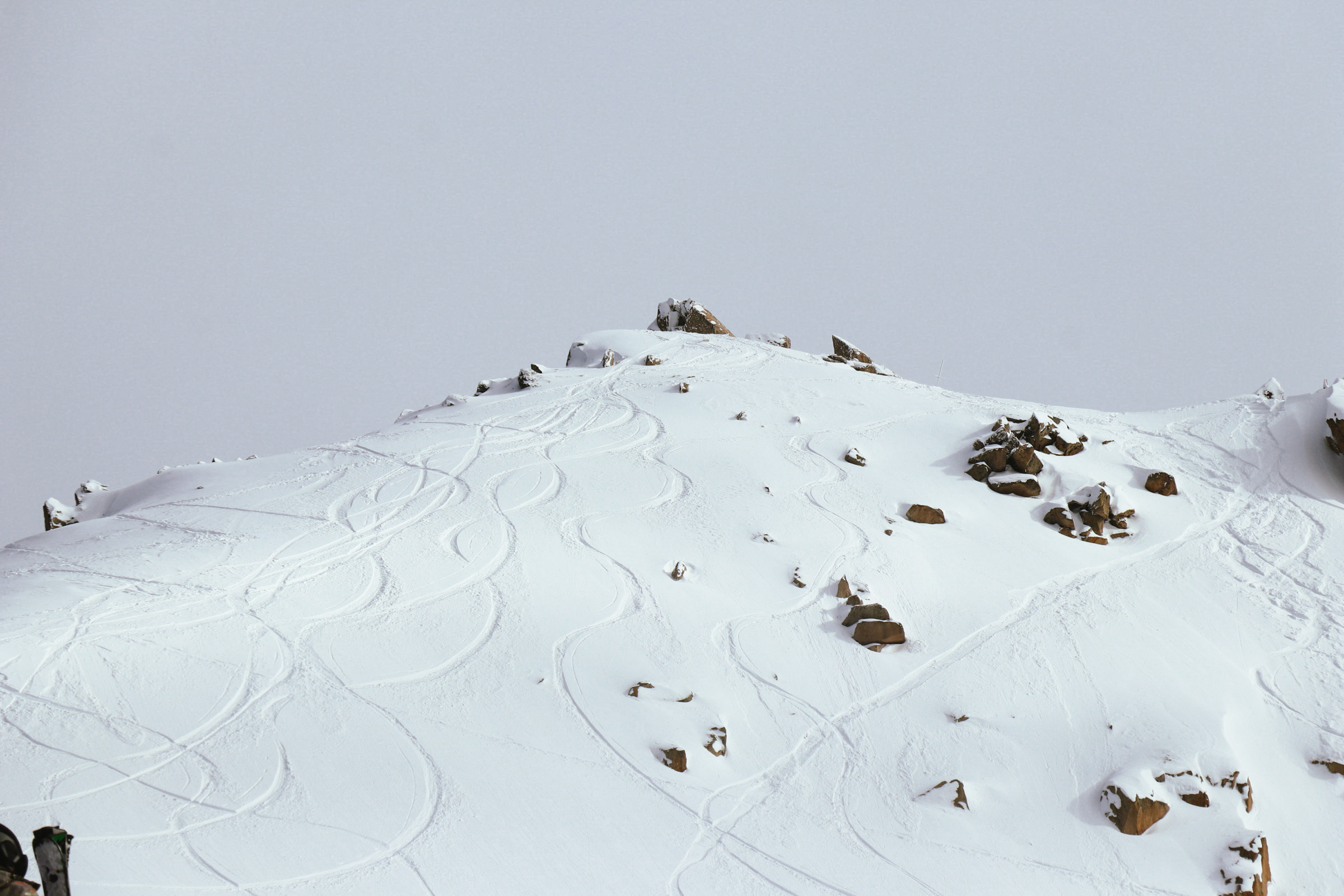 Fresh tracks across a snowy Patagonia mountain